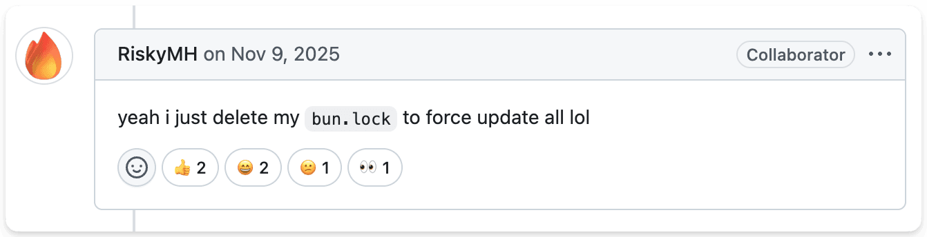 Screenshot of a GitHub comment from a Bun collaborator suggesting to delete bun.lock to force an update