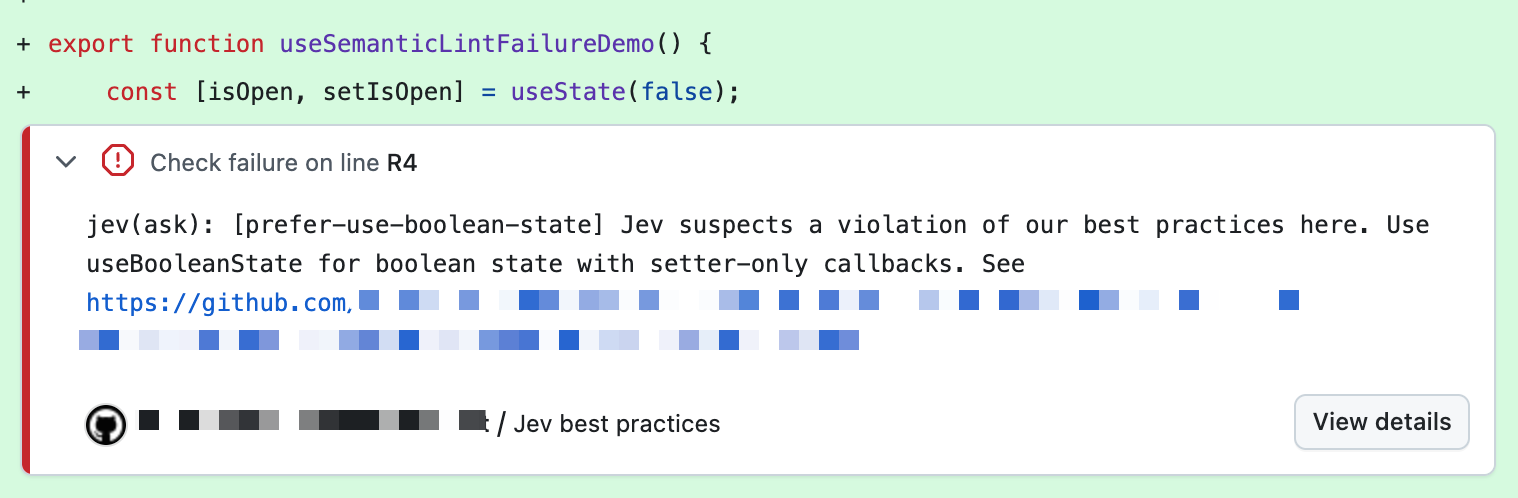 GitHub pull request diff with a failing Jev annotation on a useState(false) line, linking to the best practice