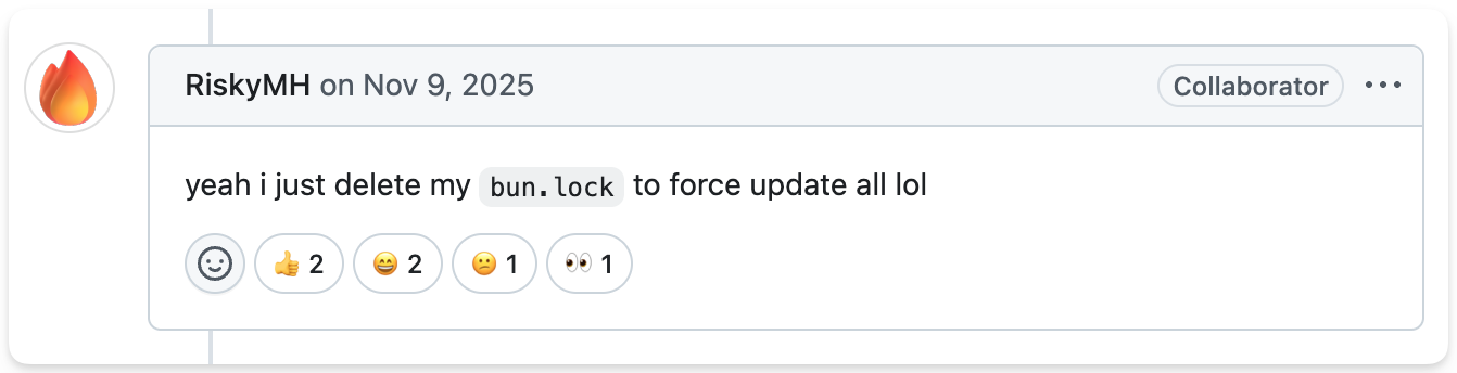 Screenshot of a GitHub comment from a Bun collaborator suggesting to delete bun.lock to force an update
